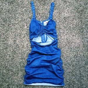 MELEPE Ruched Denim Bodycon Mini Dress – Cutout, Zip Front, Size L